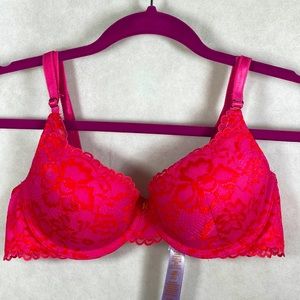 Savage X Fenty Pink and Red Lined Lace Demi Cup Bra